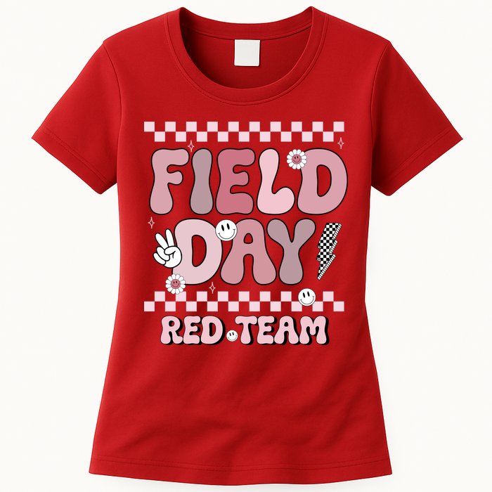 Field Day Red Team Groovy Smile Face Checkered Students Womens T-Shirt