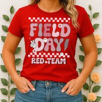 Field Day Red Team Groovy Smile Face Checkered Students Womens T-Shirt