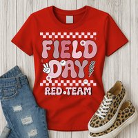 Field Day Red Team Groovy Smile Face Checkered Students Womens T-Shirt