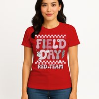 Field Day Red Team Groovy Smile Face Checkered Students Womens T-Shirt