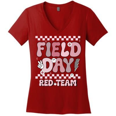 Field Day Red Team Groovy Smile Face Checkered Students Women's V-Neck T-Shirt