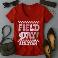 Field Day Red Team Groovy Smile Face Checkered Students Women's V-Neck T-Shirt