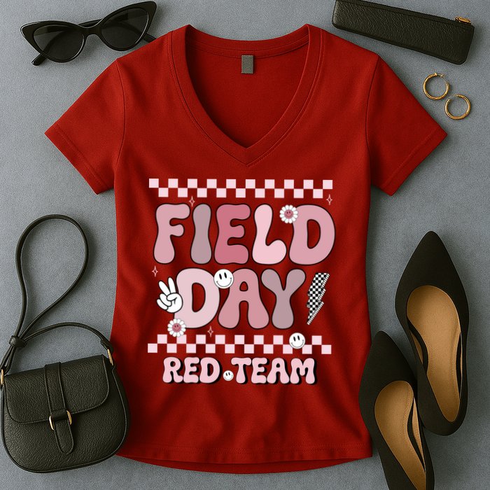 Field Day Red Team Groovy Smile Face Checkered Students Women's V-Neck T-Shirt
