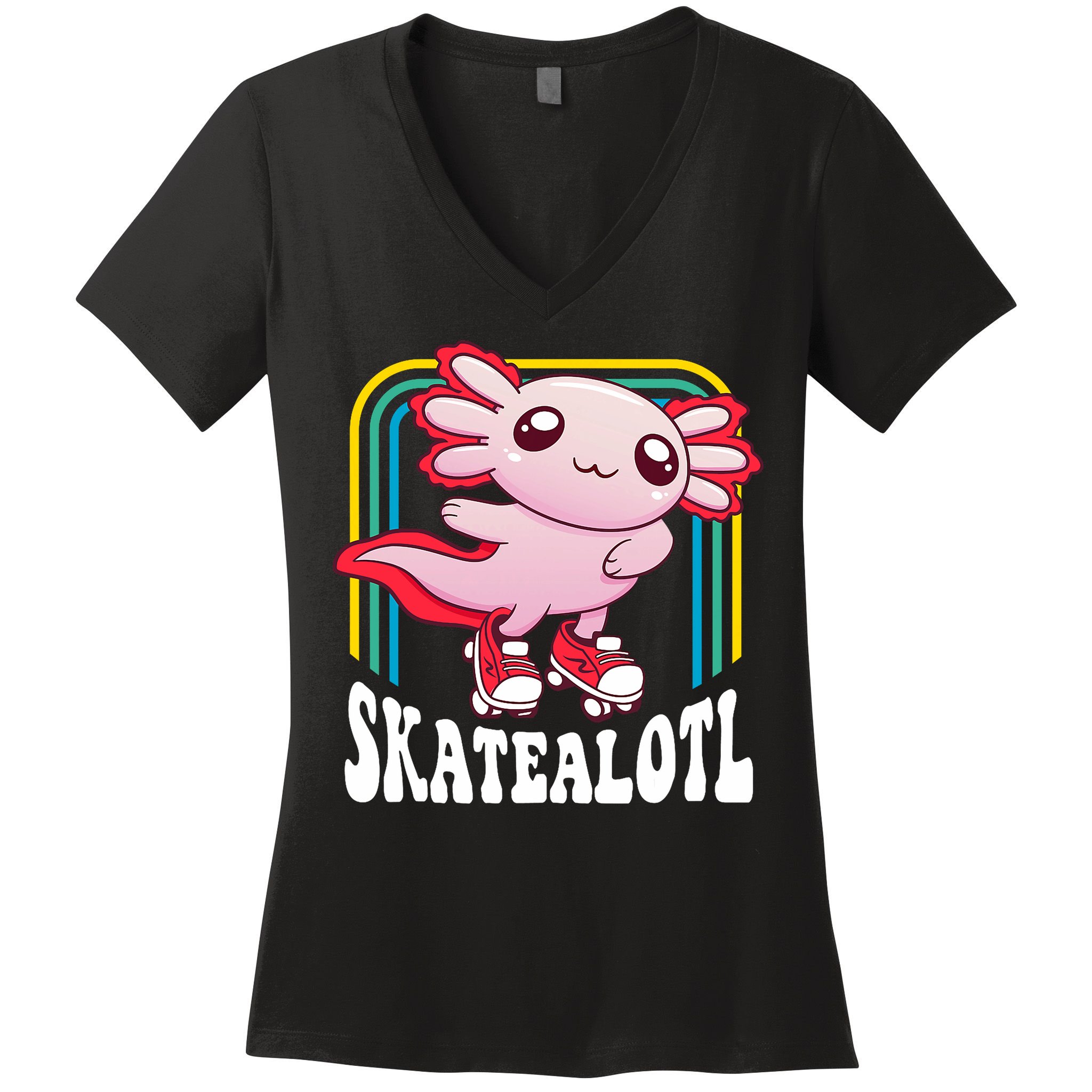 Funny Disco Roller Skate Axolotl Kawaii Salamander  Women's V-Neck T-Shirt