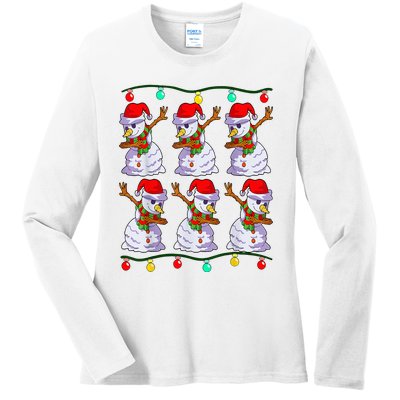 Festive Dabbing Snowman Holiday Decor Ladies Long Sleeve Shirt