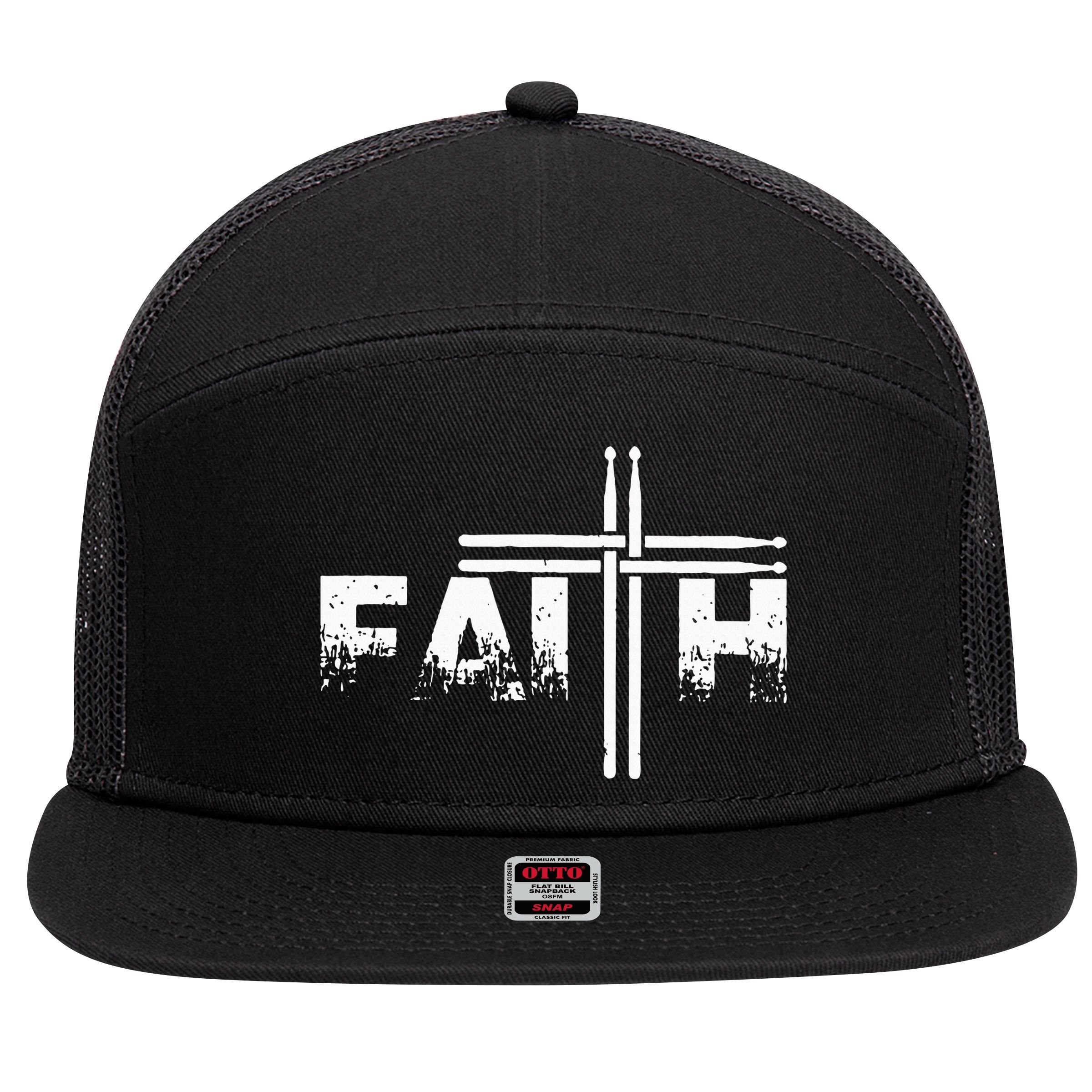 Faith Drum Stick Cross Christian God Jesus Fun Drummer 7 Panel Mesh Trucker Snapback Hat