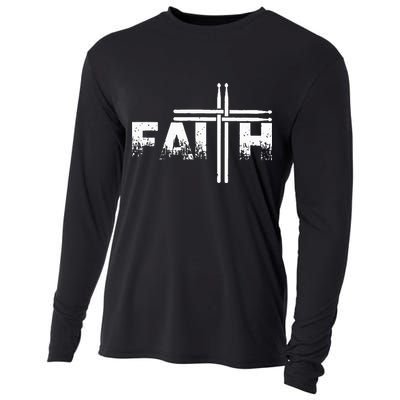 Faith Drum Stick Cross Christian God Jesus Fun Drummer Cooling Performance Long Sleeve Crew