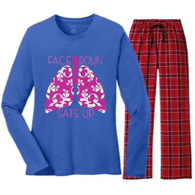 Face Down Sats Up Funny Respiratory Therapist Design Gift Women's Long Sleeve Flannel Pajama Set 