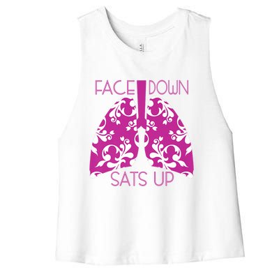 Face Down Sats Up Funny Respiratory Therapist Design Gift Women's Racerback Cropped Tank