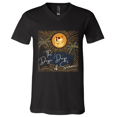 Funny Dogecoin Summer Sun Hodl To The Moon Crypto Currency V-Neck T-Shirt