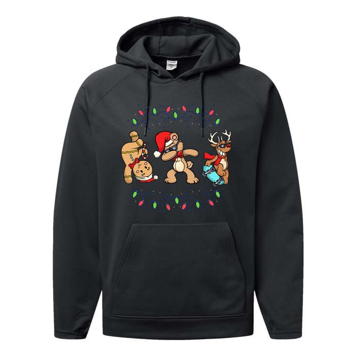 Festive Dabbing Santa Bear with Skate Reindeer and Xmas Lights Performance Fleece Hoodie