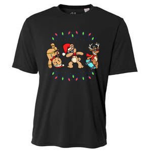 Festive Dabbing Santa Bear with Skate Reindeer and Xmas Lights Cooling Performance Crew T-Shirt