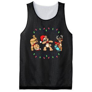 Festive Dabbing Santa Bear with Skate Reindeer and Xmas Lights Mesh Reversible Basketball Jersey Tank