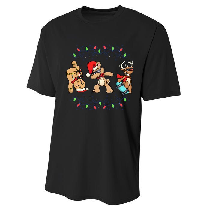 Festive Dabbing Santa Bear with Skate Reindeer and Xmas Lights Performance Sprint T-Shirt