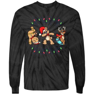 Festive Dabbing Santa Bear with Skate Reindeer and Xmas Lights Tie-Dye Long Sleeve Shirt