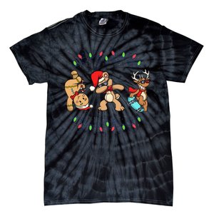 Festive Dabbing Santa Bear with Skate Reindeer and Xmas Lights Tie-Dye T-Shirt