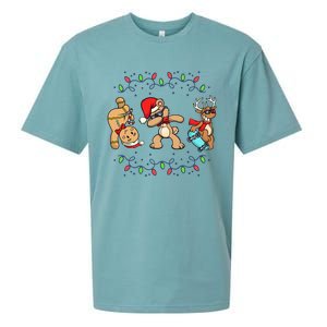 Festive Dabbing Santa Bear with Skate Reindeer and Xmas Lights Sueded Cloud Jersey T-Shirt