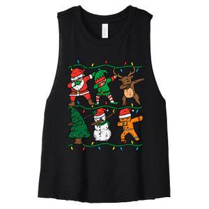 Festive Dabbing Santa Elf Reindeer Pajamas Women's Racerback Cropped Tank