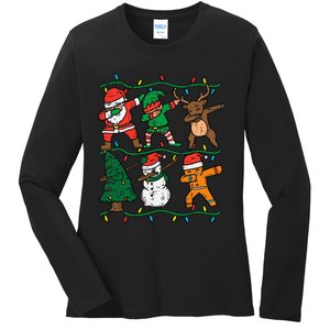 Festive Dabbing Santa Elf Reindeer Pajamas Ladies Long Sleeve Shirt