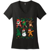 Festive Dabbing Santa Elf Reindeer Pajamas Women's V-Neck T-Shirt