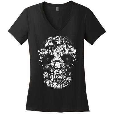 Funny Dachshund Skull Dog Skeleton Halloween Women's V-Neck T-Shirt