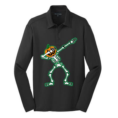 Funny Dabbing Skeleton Pumpkin Halloween Dab Gift Silk Touch Performance Long Sleeve Polo