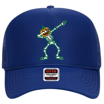 Funny Dabbing Skeleton Pumpkin Halloween Dab Gift High Crown Mesh Back Trucker Hat