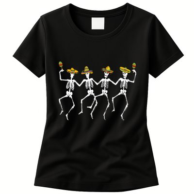 Funny Dancing Skeletons Sombreros Maracas Cinco De Mayo Womens T-Shirt