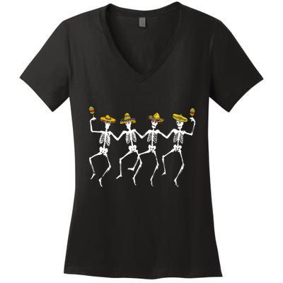 Funny Dancing Skeletons Sombreros Maracas Cinco De Mayo Women's V-Neck T-Shirt
