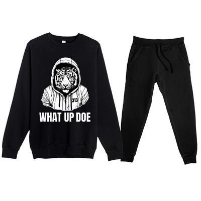 Funny Detroit Slang What Up Doe 313 Premium Crewneck Sweatsuit Set