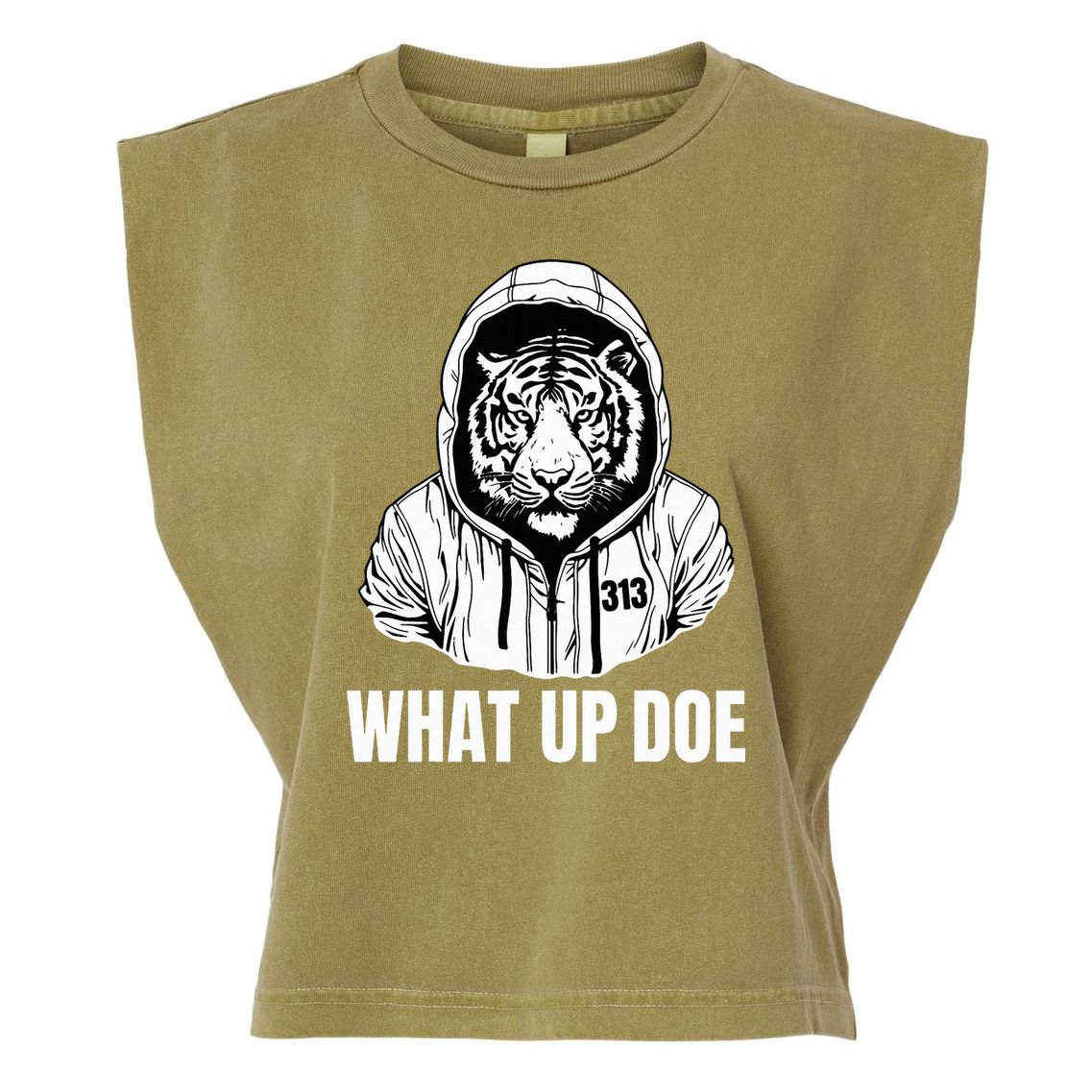 Funny Detroit Slang What Up Doe 313 Garment-Dyed Women's Muscle Tee