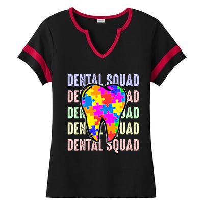 Funny Dental Squad Autism Awareness Day Tooth Ribbon Puzzle Great Gift Ladies Halftime Notch Neck Tee