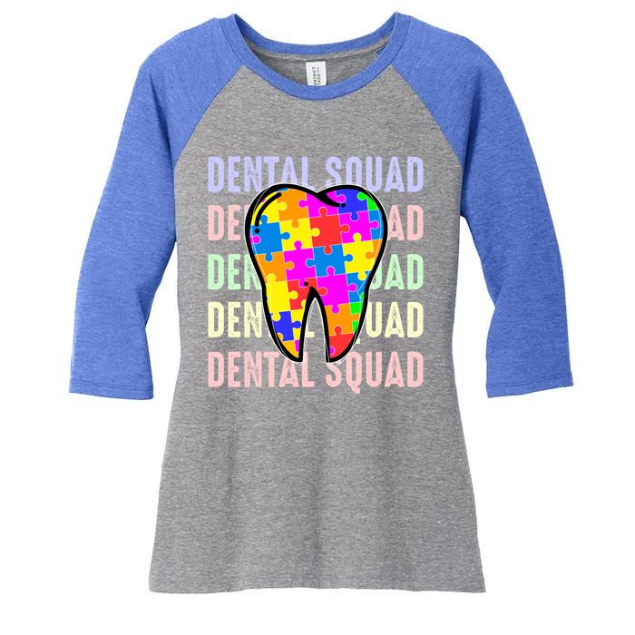 Funny Dental Squad Autism Awareness Day Tooth Ribbon Puzzle Great Gift Women's Tri-Blend 3/4-Sleeve Raglan Shirt