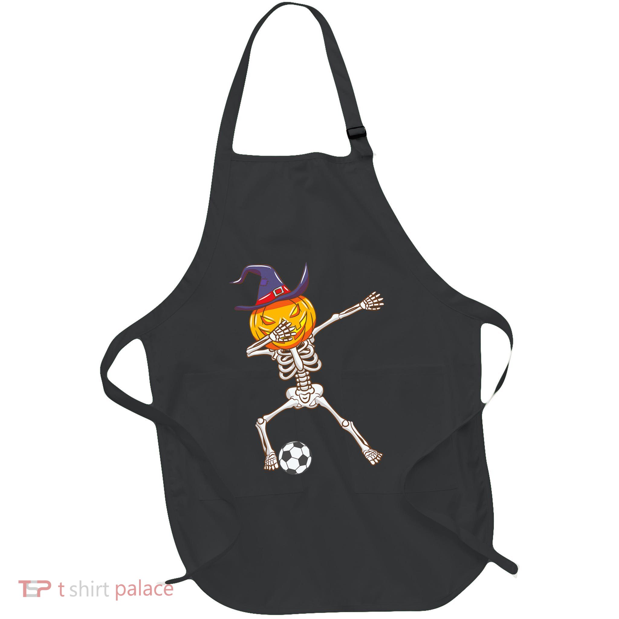 Funny Dabbing Skeleton Pumpkin Head Scary Witch Hat Soccer Full-Length Apron With Pockets