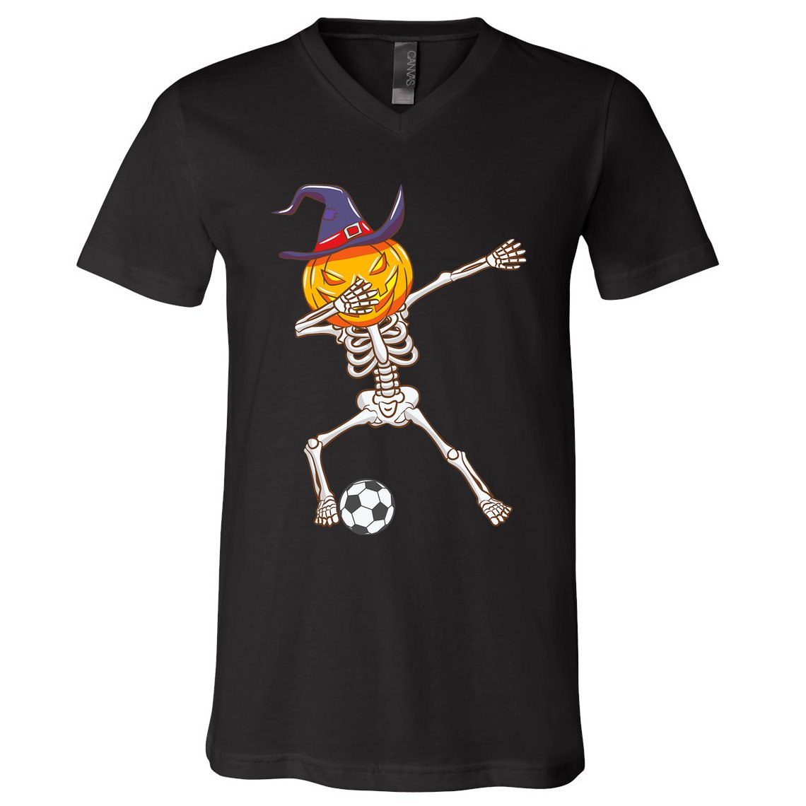 Funny Dabbing Skeleton Pumpkin Head Scary Witch Hat Soccer V-Neck T-Shirt