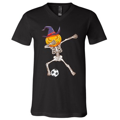 Funny Dabbing Skeleton Pumpkin Head Scary Witch Hat Soccer V-Neck T-Shirt