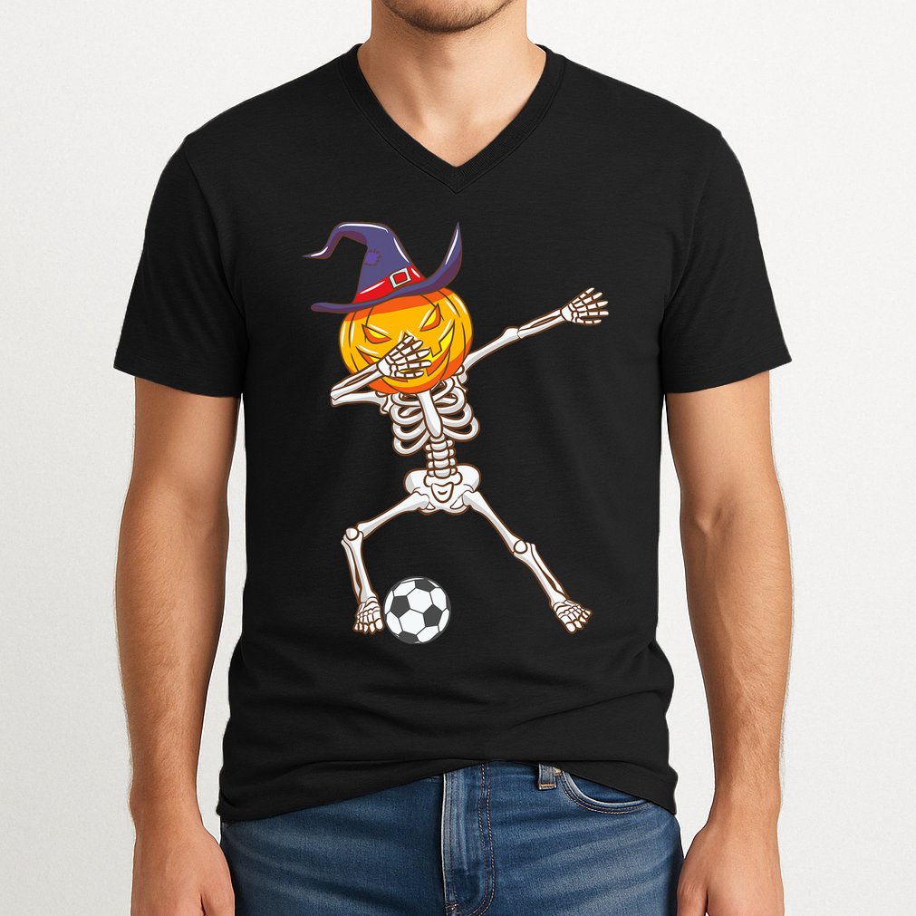 Funny Dabbing Skeleton Pumpkin Head Scary Witch Hat Soccer V-Neck T-Shirt