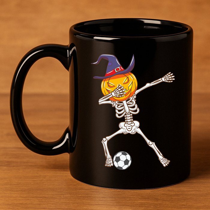 Funny Dabbing Skeleton Pumpkin Head Scary Witch Hat Soccer 11oz C Handle Ceramic Mug