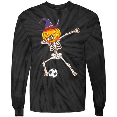 Funny Dabbing Skeleton Pumpkin Head Scary Witch Hat Soccer Tie-Dye Long Sleeve Shirt