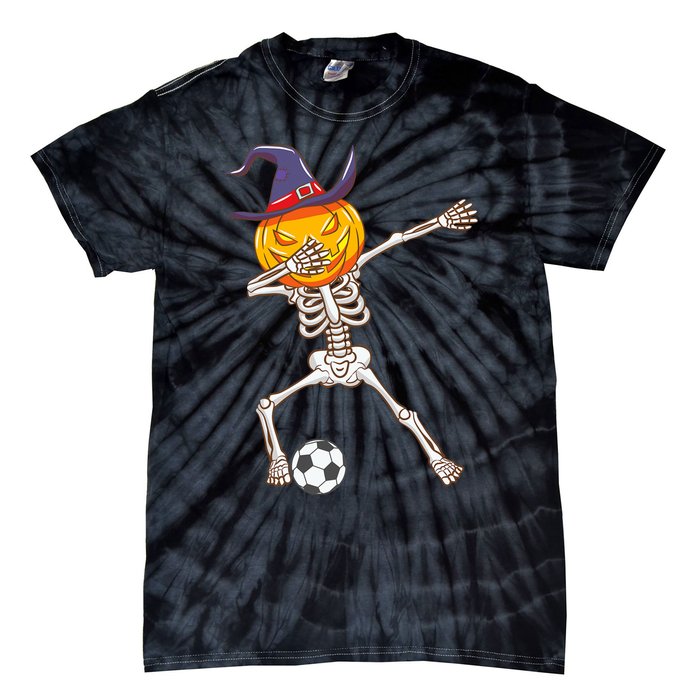 Funny Dabbing Skeleton Pumpkin Head Scary Witch Hat Soccer Tie-Dye T-Shirt