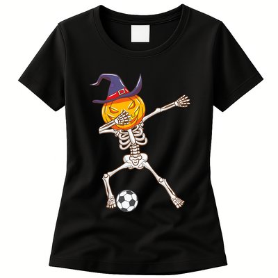 Funny Dabbing Skeleton Pumpkin Head Scary Witch Hat Soccer Womens T-Shirt