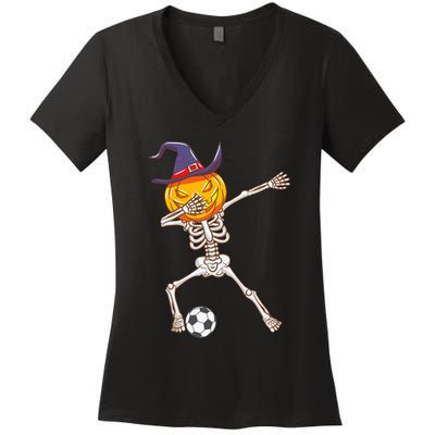 Funny Dabbing Skeleton Pumpkin Head Scary Witch Hat Soccer Women's V-Neck T-Shirt