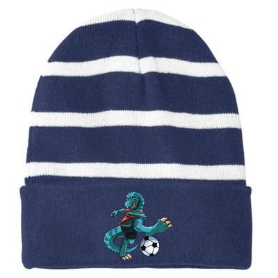 Funny Dino Soccer Player Trex Lover Football Game Striped Beanie with Solid Band