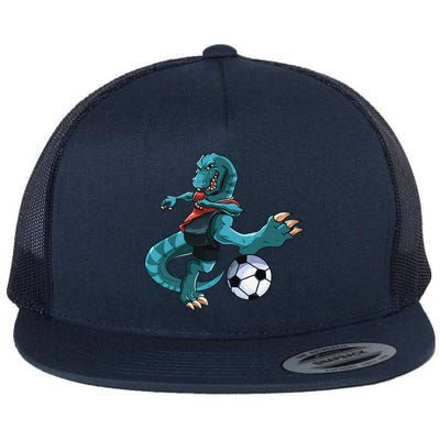 Funny Dino Soccer Player Trex Lover Football Game Flat Bill Trucker Hat