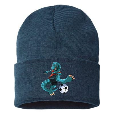 Funny Dino Soccer Player Trex Lover Football Game Sustainable Knit Beanie