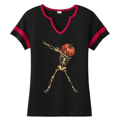 Funny Dabbing Skeleton Pumpkin Orange Lantern Print Gift Ladies Halftime Notch Neck Tee