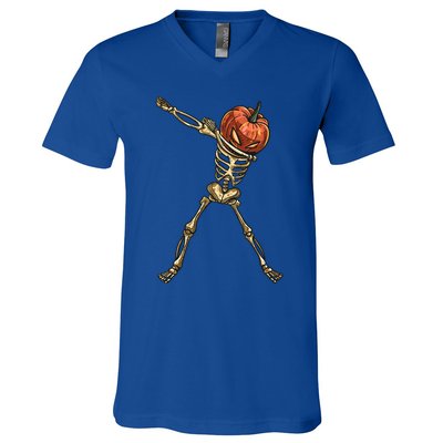 Funny Dabbing Skeleton Pumpkin Orange Lantern Print Gift V-Neck T-Shirt