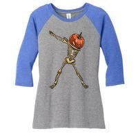 Funny Dabbing Skeleton Pumpkin Orange Lantern Print Gift Women's Tri-Blend 3/4-Sleeve Raglan Shirt