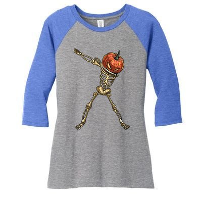 Funny Dabbing Skeleton Pumpkin Orange Lantern Print Gift Women's Tri-Blend 3/4-Sleeve Raglan Shirt