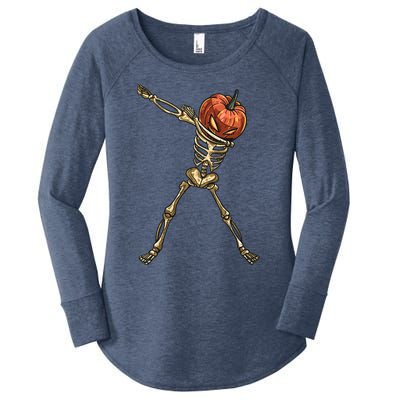 Funny Dabbing Skeleton Pumpkin Orange Lantern Print Gift Women's Perfect Tri Tunic Long Sleeve Shirt